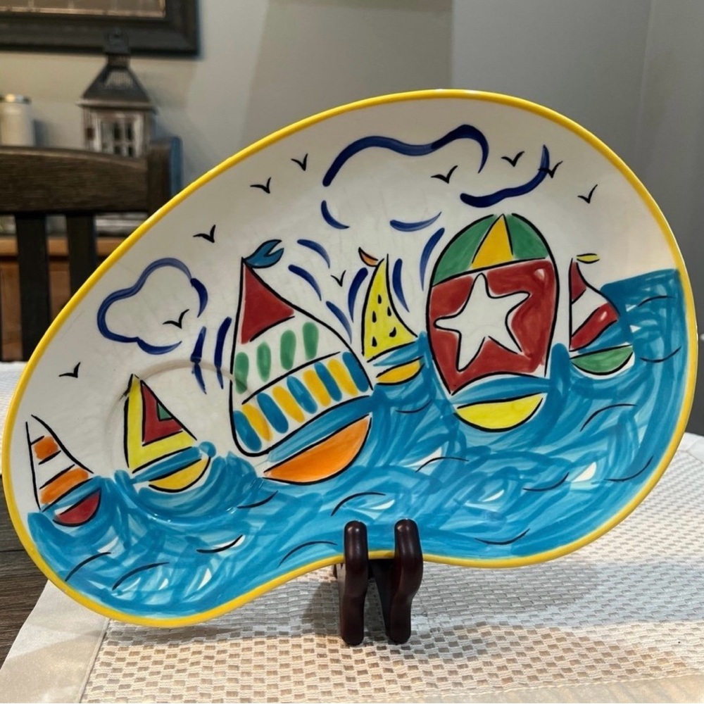 Strata Group “Smooth Sailing” by Sally Huss Colorful Sailboat Ceramic Plate